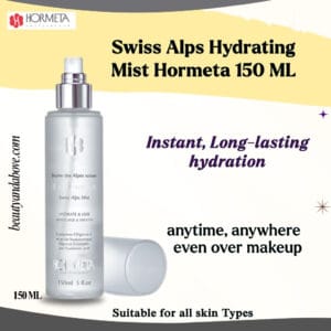 An advertisement for HORMETA Hydrating Face Mist. Text confirms it will moisturize, hydrate, and refresh skin instantly.