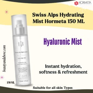 The bottle of Hormeta Swiss Alps Hydrating Hyaluronic Face Mist. Provides instant hydration and refreshment for skin in Kuwait.