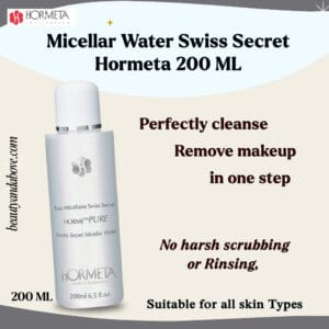 An advertisement for Micellar Water Hormeta. Highlights that it Perfectly cleanses and removes makeup in one step without rinsing.