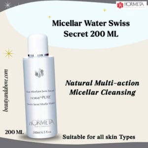 The bottle of Hormeta Swiss Secret Micellar Water. It is a Natural Multi-action Micellar Cleansing solution for the face.