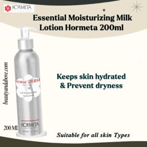 milk-body-lotion-prevents-dryness-softens-skin | beauty & above An advertisement for Hormeta Milk Lotion. Text highlights that it Keeps skin hydrated & Prevents dryness effectively.