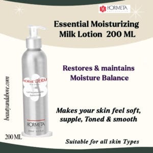 The bottle of Hormeta Moisturizing Milk Lotion. It Restores & maintains Moisture Balance for soft body skin in Kuwait.
