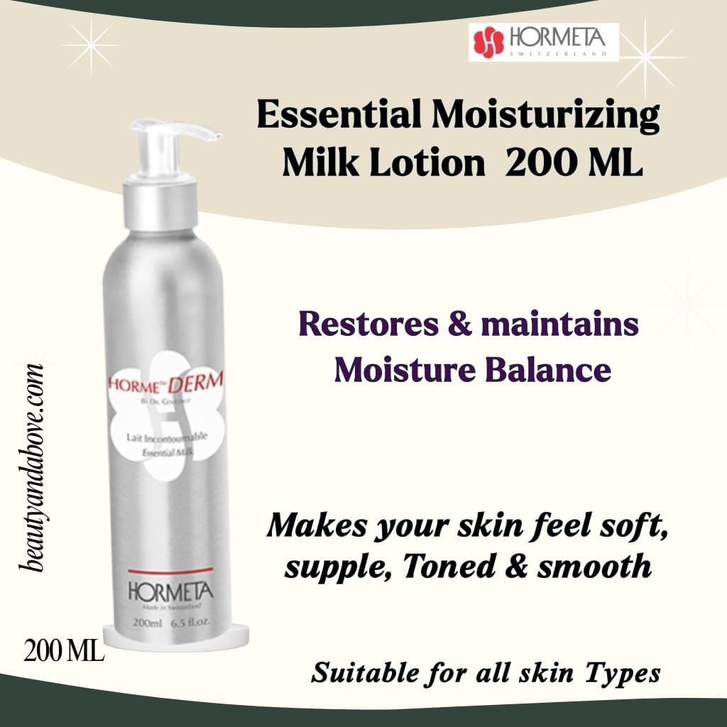 hormeta-moisturizing-milk-lotion-restores-balance-kuwait | beauty & above The bottle of Hormeta Moisturizing Milk Lotion. It Restores & maintains Moisture Balance for soft body skin in Kuwait.