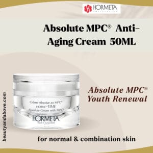 The elegant glass jar of Hormeta Absolute Cream with MPC® (50 ML). Text indicates it is an "anti-wrinkle Cream and skin firming treatment