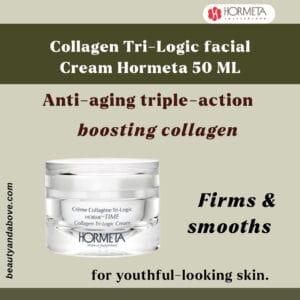 An advertisement for the Collagen Tri-Logic cream (50ml). Text highlights its function to combat signs of aging, reduce wrinkles, and promote youthful skin.