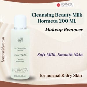 The bottle of Hormeta Cleansing Beauty Milk, a non-drying makeup remover and cleanser for all skin types in Kuwait.