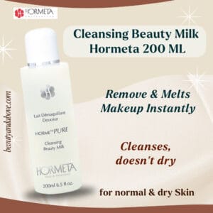 An advertisement for Hormeta Cleansing Milk. Text confirms it will remove makeup without drying the skin, providing gentle cleansing.