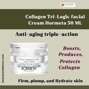 The Hormeta Collagen Tri-Logic Facial Cream jar (50 ML) with Text confirms it's an "Anti-aging Collagen triple action Cream". that Boosts, Produces, Protects Collagen