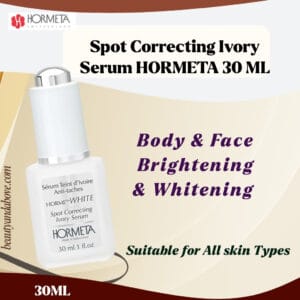 The Hormeta Dark Spot Corrector Serum bottle (30ML) with a white and gold label, specifying it's for face and body use for brighter skin.