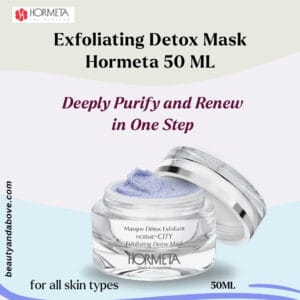 purifying-peeling-mask-detoxify-skin-hormeta | beauty & above An advertisement for the Exfoliating Detox Mask showing the product. Text confirms it will Deeply Purify and Renew the skin's texture and appearance.