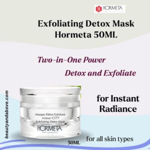 The tube of Hormeta Exfoliating Detox Mask (50ml). Text highlights its function to Detox and Exfoliate the skin for a clean feel.