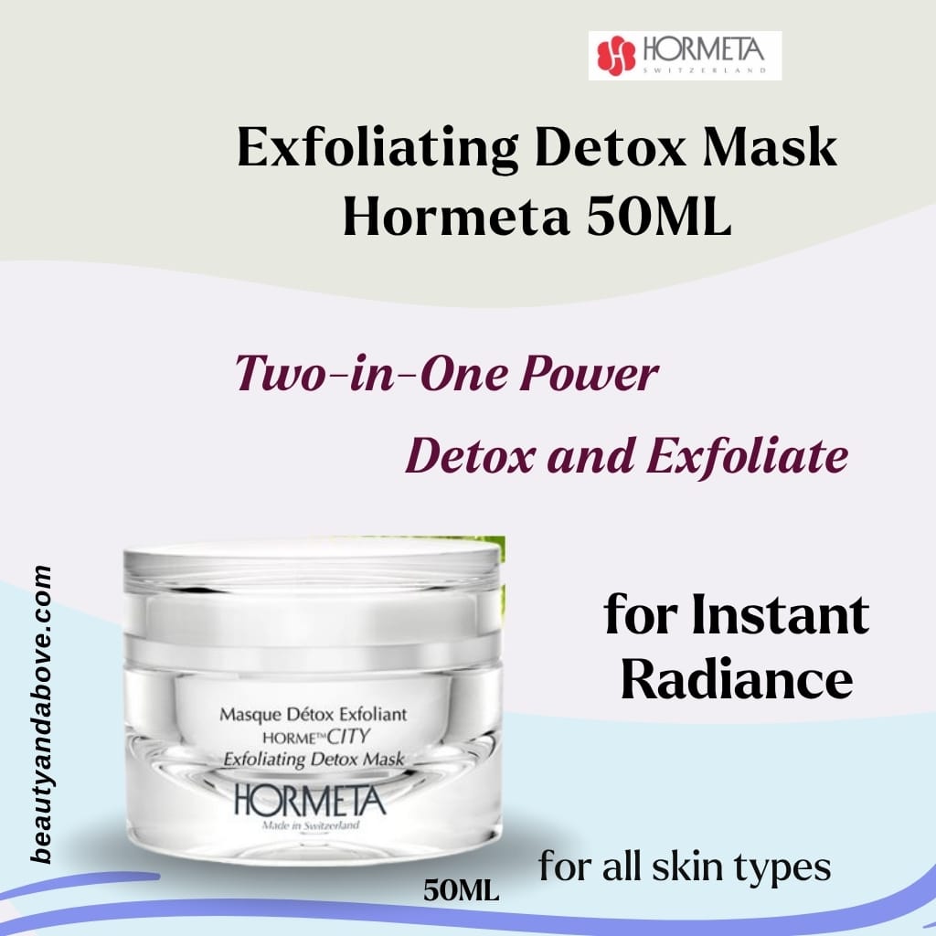 Exfoliating Detox Mask Hormeta Detox and Exfoliate | beauty & above The tube of Hormeta Exfoliating Detox Mask (50ml). Text highlights its function to Detox and Exfoliate the skin for a clean feel.