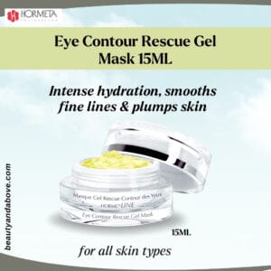 eye-rescue-mask-puffiness-hydration-hormeta | beauty & above An advertisement for Hormeta Gel Mask. Text focuses on providing intense hydration and plump skin to the delicate eye contour area.