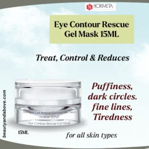 The tube of Hormeta Eye Contour Rescue Gel Mask. Text highlights its action to treat tiredness, puffiness, and dark circles around the eyes.