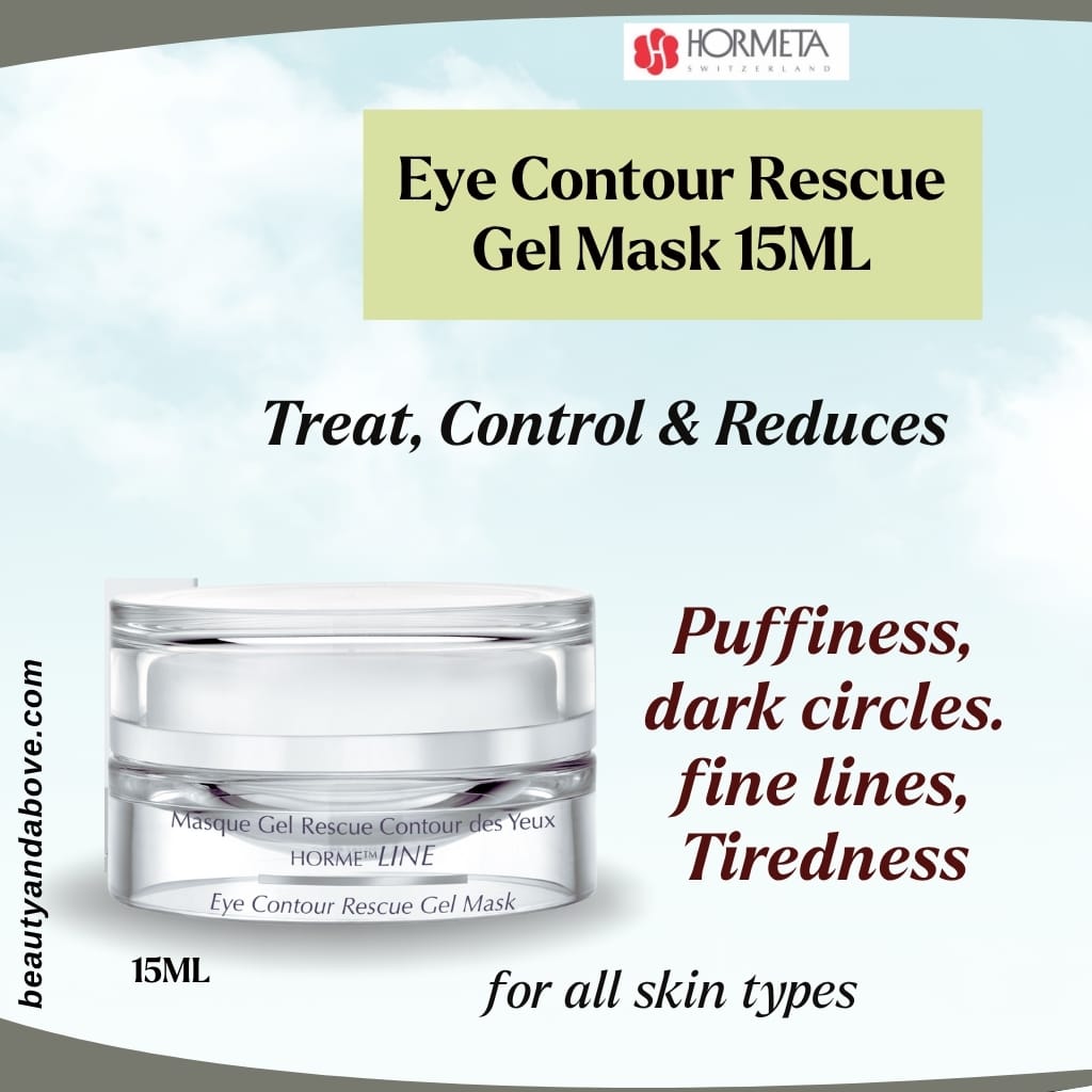 hormeta-eye-contour-gel-mask-dark-circles-kuwait | beauty & above The tube of Hormeta Eye Contour Rescue Gel Mask. Text highlights its action to treat tiredness, puffiness, and dark circles around the eyes.