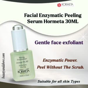 The bottle of Hormeta Facial Enzymatic Peeling Serum. Text confirms it uses organic plant enzymes to exfoliate and boost cell renewal for skin in Kuwait.