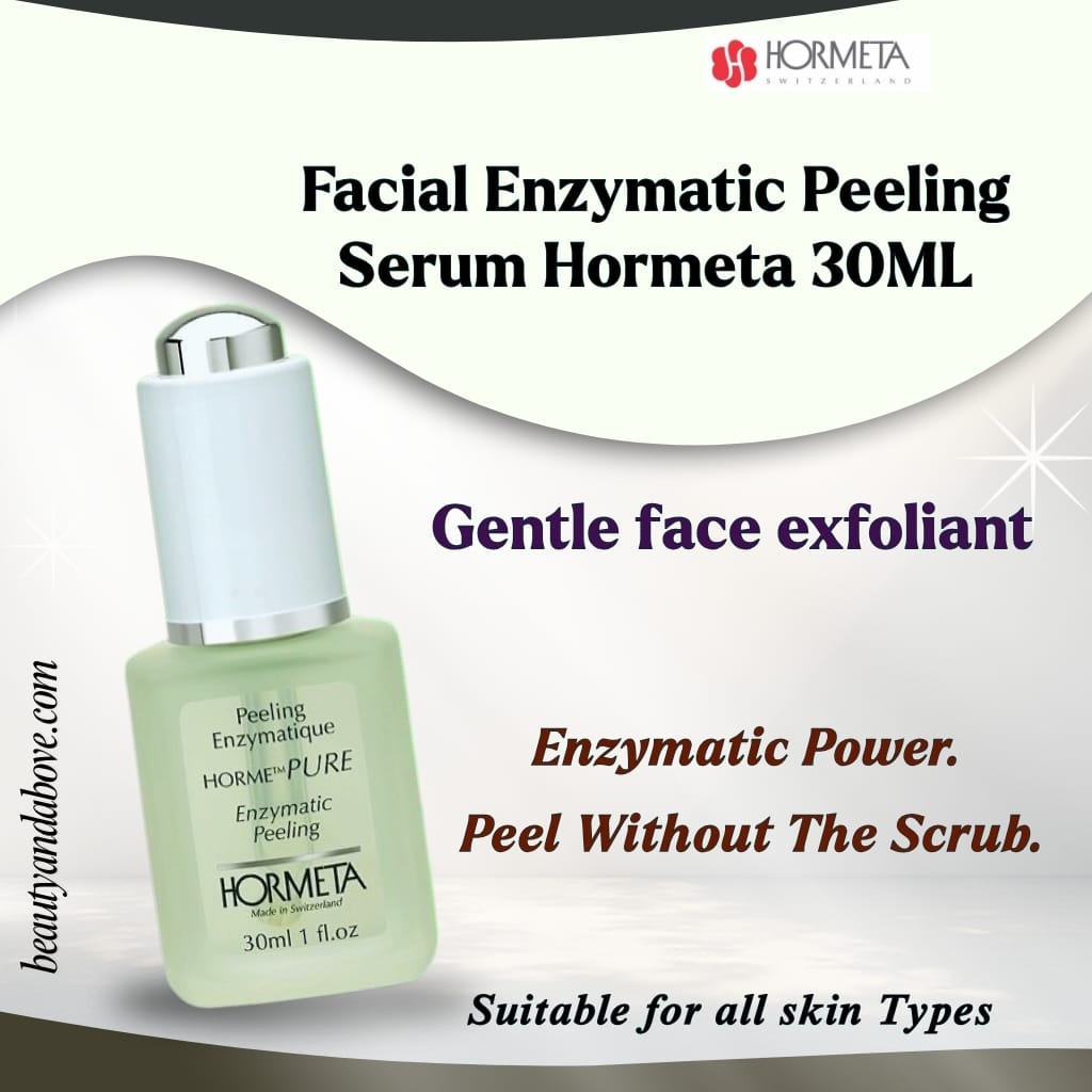 hormeta-enzymatic-peeling-serum-cell-renewal-kuwait | beauty & above The bottle of Hormeta Facial Enzymatic Peeling Serum. Text confirms it uses organic plant enzymes to exfoliate and boost cell renewal for skin in Kuwait.