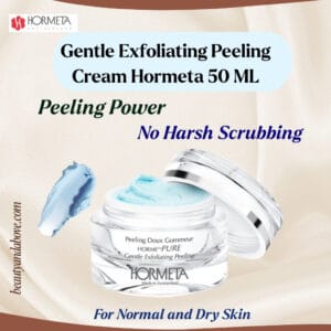 gentle-gum-texture-exfoliating-cream-dry-skin | beauty & above An advertisement for Hormeta Gentle Exfoliating Peeling. Text highlights the Gentle Gum Texture, suitable for sensitive skin.