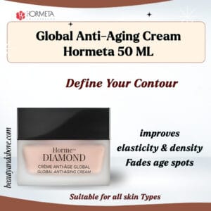 The jar of Hormeta Global Anti-Aging Cream infused with Black Diamond. Text emphasizes its ability to restore youthful look and firmness.