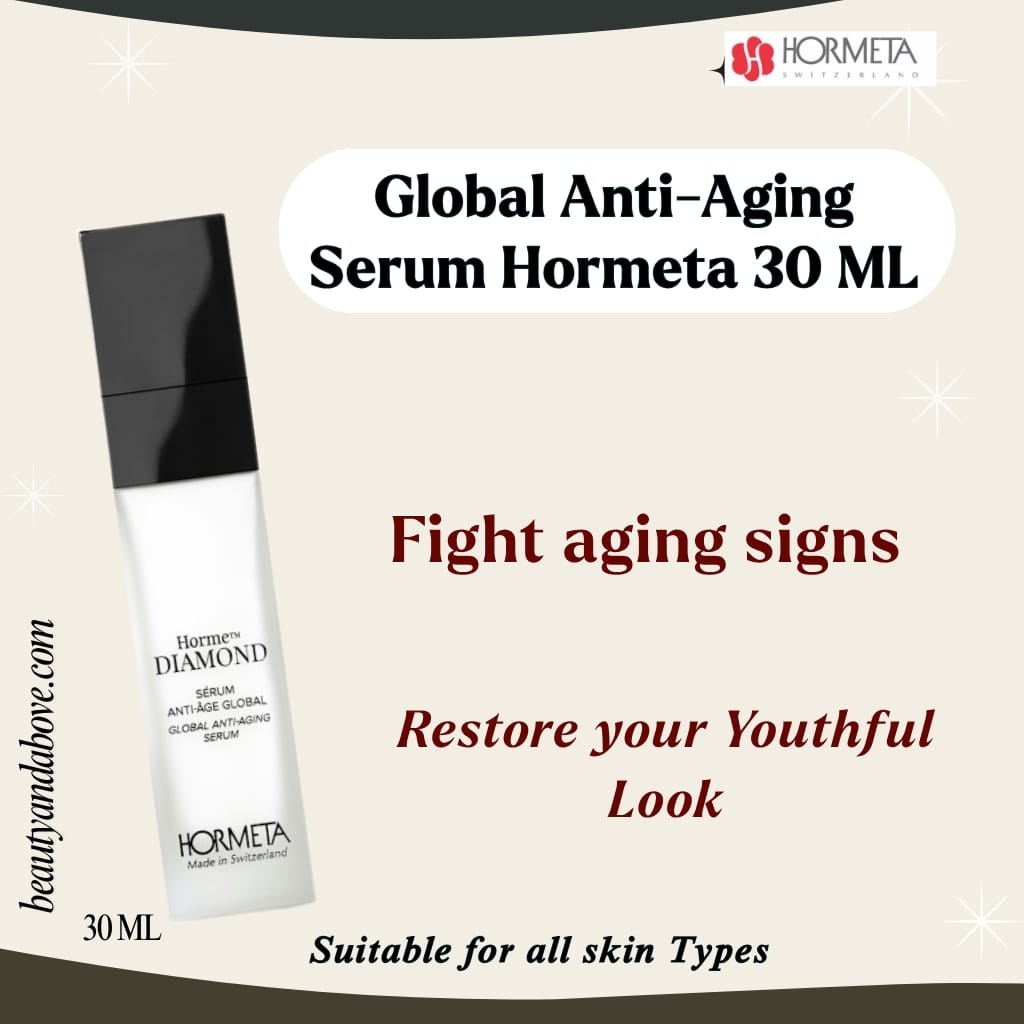hormeta-global-anti-aging-serum-lifts-wrinkles-kuwait | beauty & above The bottle of Hormeta Global Anti-Aging Serum. Text confirms its effectiveness to fight aging signs and restore youthful vitality in Kuwait.