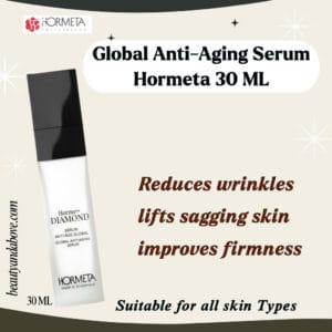 anti-aging-serum-reduces-sagging-improves-firmness | beauty & above An advertisement for the Global Anti-Aging Serum. Text highlights that it reduces wrinkles, lifts sagging skin, and improves firmness, featuring luxurious packaging.