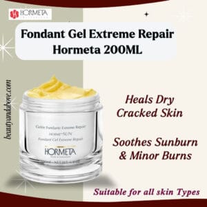 An advertisement for Hormeta Cream Gel. Text emphasizes that it intensely restores, repairs, hydrates, and soothes dry, cracked, or burned skin and provides extreme protection.