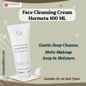 An advertisement for Hormeta Cleansing Cream. Text confirms it provides deep cleaning and makeup removal with skin moisturizing, perfect for all skin types