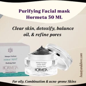 hormeta-purifying-facial-mask-detox-pores-kuwait | beauty & above The green tube of Hormeta Purifying Facial Mask (50 ML) for oily skin. Text highlights its action to detoxify, balance oil, & refine pores.