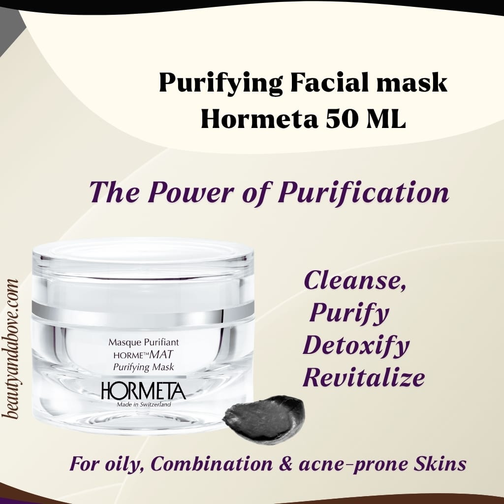 oily-skin-mask-balance-detoxify-hormeta-50ml | beauty & above An advertisement for Hormeta Purifying Mask showing the product. Text confirms it delivers Clear skin, detoxify, balance oil, & refine pores for a smooth complexion.