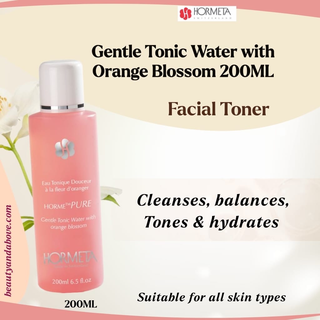 hormeta-gentle-toner-orange-blossom-kuwait | beauty & above The Hormeta Gentle Tonic Water bottle (200ML) with an orange label. Text confirms it is "with Orange Blossom" and "pH-balancing" for sensitive skin.