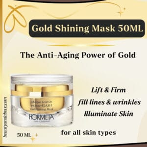 An advertisement for Hormeta Gold Shining Mask. Text highlights the size (50ml) and its primary function: combats wrinkles and lines for youthful skin with visible gold particles.