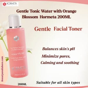 calming-hormeta-toner-ph-balancing-pore-minimizing | beauty & above An advertisement for Hormeta Gentle Facial Toner. Text highlights key benefits: "Calming, soothing, pH-balancing, and pore-minimizing" for a refreshed look.