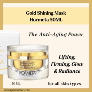 The Hormeta Gold Shining Mask tube (50 ML) displayed with the gold packaging. The text confirms the mask combats wrinkles and lines for youthful skin.