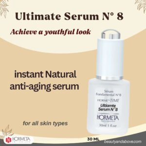 A product visual emphasizing the anti-aging benefits of Hormeta's Serum N°8, with text stating it visibly firms, tightens, and smooths lines for a youthful, anti-aging effect.