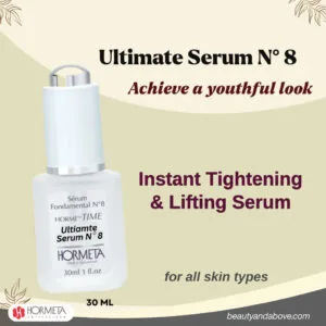A product shot of the Hormeta Ultimate Serum N°8 bottle and box. The text highlights it as a powerful Instant Tightening Serum that effectively reduces visible wrinkles and signs of aging on the face and neck.