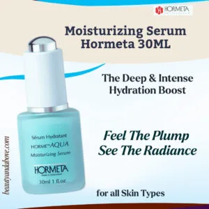 A close-up shot of the Hormeta 30ML blue Moisturizing Serum bottle on a white background, highlighting the "Dual Hyaluronic" label.