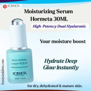 An image showing the HormeAQUA Serum bottle with a droplet of liquid on a fingertip, emphasizing its deep hydration and plumping effect on skin.