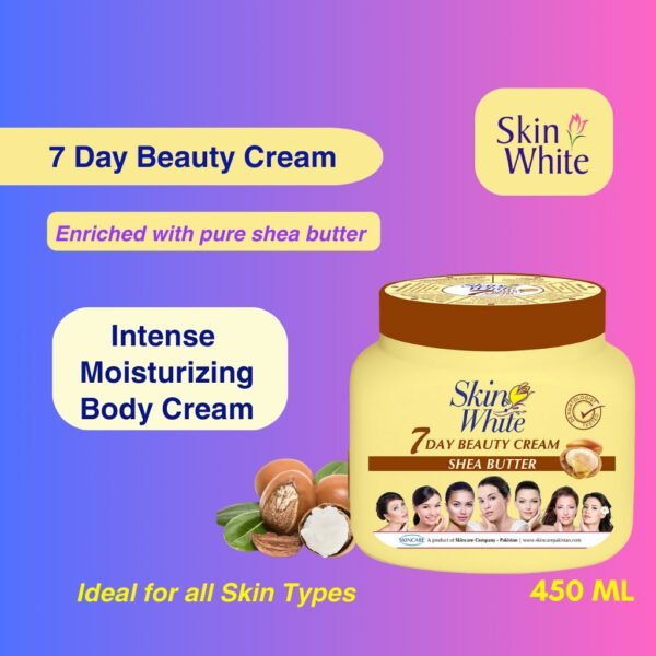 a pack of 7 Day Beauty Cream enriched with Shea Butter 450 ML for intense moisturizing body cream beside text Intense Moisturizing Body Cream