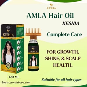 The green bottle of KESHIA AMLA Hair Oil (120 ML) displayed clearly. The label confirms "Complete Care For Strong and Healthy Hair" and text show FOR GROWTH, SHINE, and SCALP HEALTH.