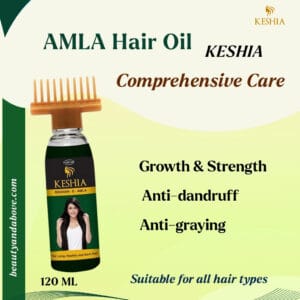 AMLA Hair Oil Keshia-comprehensive-care-strong-hair | beauty & above An ad showing the KESHIA Amla oil bottle and emphasizing its benefits for strong, healthy hair with the text: "Comprehensive Care For Strong and Healthy Hair". that promote hair Growth & Strength, Anti hair fall , Anti-dandruff and anti-graying