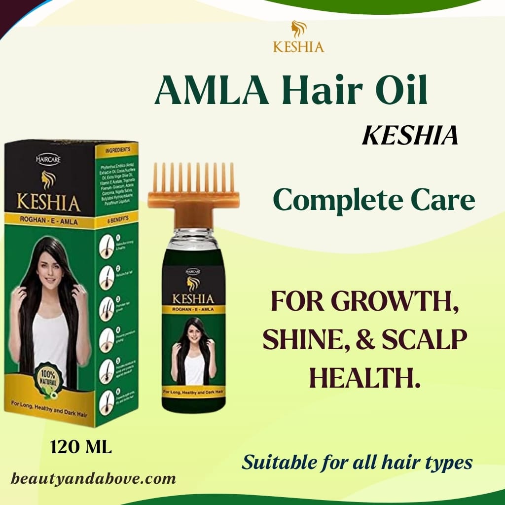 AMLA Hair Oil Keshia 120 ML kuwait | beauty & above The green bottle of KESHIA AMLA Hair Oil (120 ML) displayed clearly. The label confirms "Complete Care For Strong and Healthy Hair" and text show FOR GROWTH, SHINE, and SCALP HEALTH.