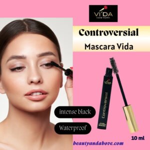 A woman applying mascara from the Vida New York brand, with text mentioning "Controversial Mascara Vida," "intense black," "10 ml," and "Waterproof."