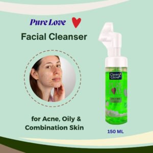 A bottle of Clean & Glow Facial Foaming Cleanser, a product for oily, combination, and acne-prone skin. The text on the bottle mentions Glycolic and Salicylic acids.