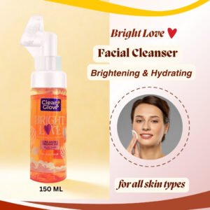 A bottle of Clean and Glow Bright Love Facial Cleanser, a brightening and hydrating foaming cleanser suitable for all skin types. The text on the bottle highlights "Alpha Arbutin" and "Hyaluronic Acid".