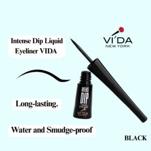 Intense Dip Liquid Eyeliner Black VIDA New York water and smudge proof and long lasting | beauty and above bottle of Intense Dip Liquid Eyeliner Black VIDA water and smudge proof and long lasting