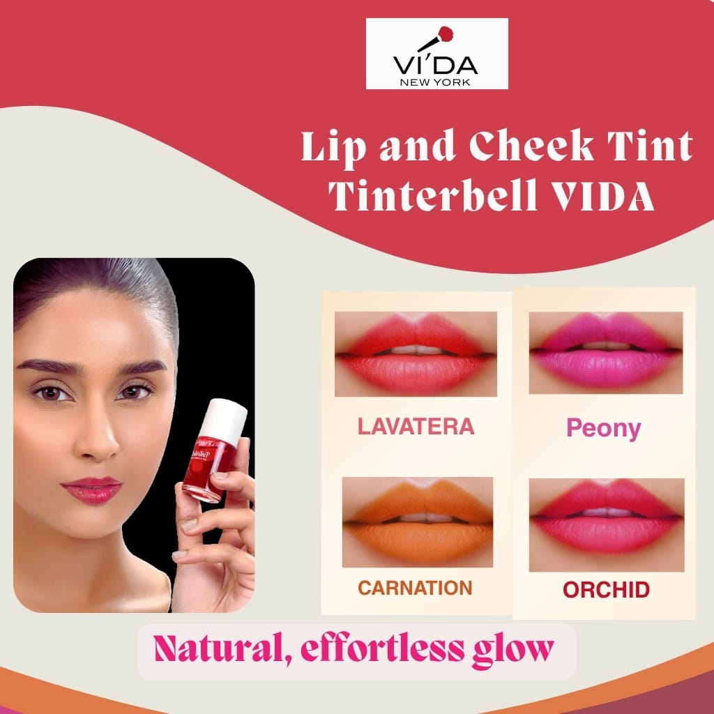 VIDA Tinterbell Lip and Cheek Tint - 2-in-1 Beauty in Kuwait | beauty & above A product shot of the VIDA Tinterbell tint bottle, emphasizing its dual function for lips and cheeks.
