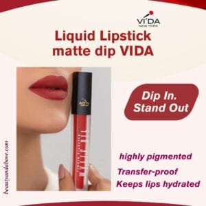 A clear product image of the VIDA Liquid Lipstick Matte Dip tube, showcasing the matte finish and applicator.