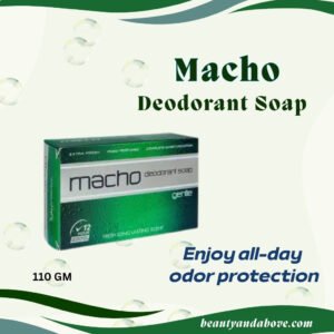 A product photo of the green Macho Deodorant Soap box, showcasing its "Extra Fresh," "12-hour protection," and "Fresh Masculine Scent." The image emphasizes all-day odor protection.
