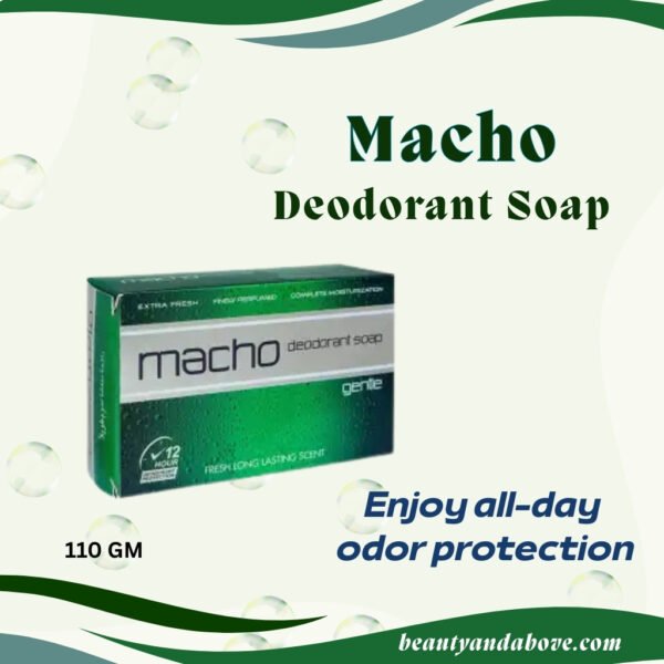A product photo of the green Macho Deodorant Soap box, showcasing its "Extra Fresh," "12-hour protection," and "Fresh Masculine Scent." The image emphasizes all-day odor protection.