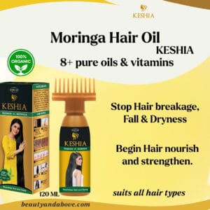The KESHIA Moringa Hair Oil bottle (300ML) displayed with an image of Moringa leaves. Text states: "Nourishes scalp, strengthens hair, reduces breakage, adds shine."